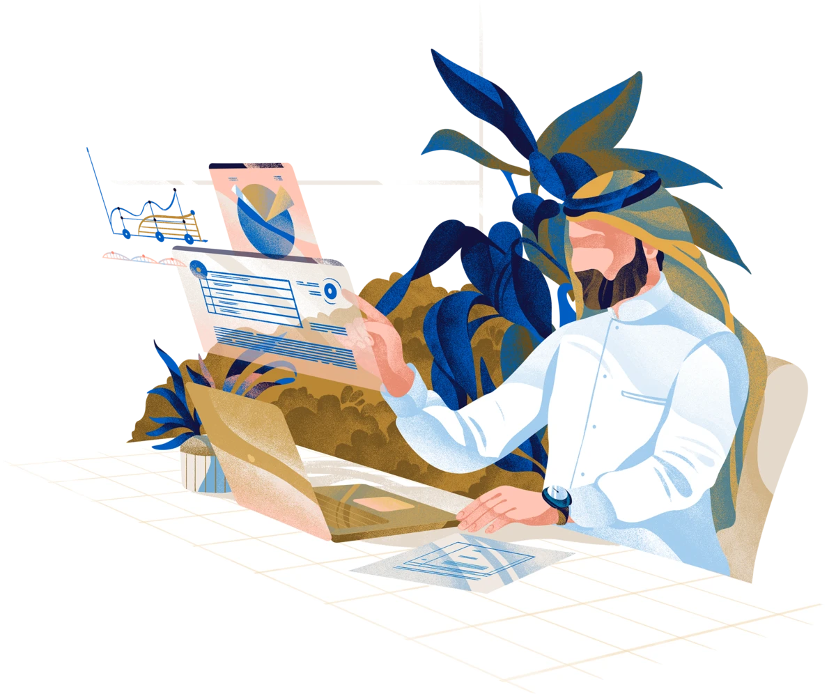 رسم توضيحي لشخص يعمل مع الذكاء الاصطناعي